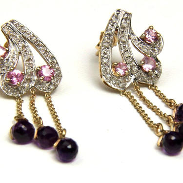 Vintage 10K Yellow Gold Amethyst Diamond Pink Spinel Ornate Dangle Chandelier Earrings 