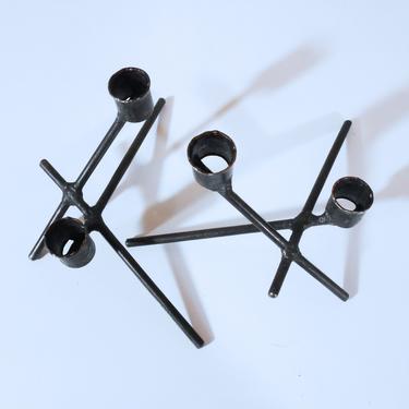 Pair of Modernist, Abstract Iron Candle Holders - Danish-modern Style Sculptural Candlesticks 