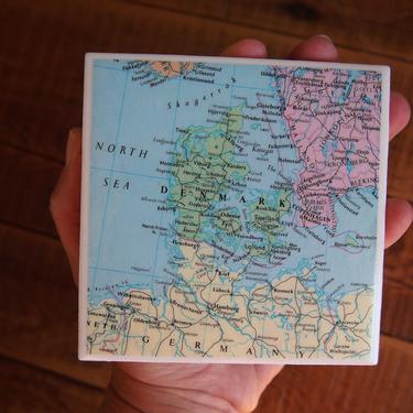 1993 Vintage Denmark Map Coaster Ceramic. Northern Europe Travel Gift. Scandinavia Vintage. Copenhagen Map. Scandinavia Gift. Danish Decor. 