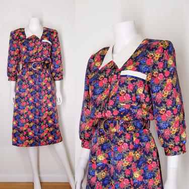 Vintage 80s Multi Color Floral Shirt Dress ~ Size Medium ~ 1940s Style Rose Print Midi Dress ~ High Shine Jacquard Button Dress with Belt 