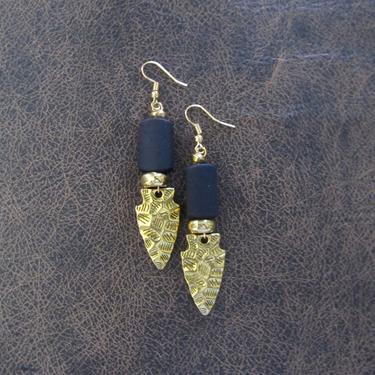 Brass ethnic earrings, large statement earrings, chunky bold earrings, etched metal earrings, black arrow earring, hammered gold, arrowhead2 