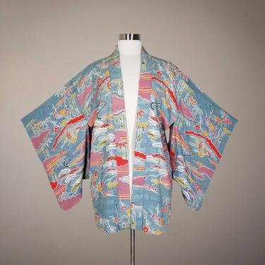 Vintage Haori Jacket, Small / Traditional Japanese Jacket / Short Oriental Print Kimono Robe / Open Front Retro 50s Inspired Unisex Print / 