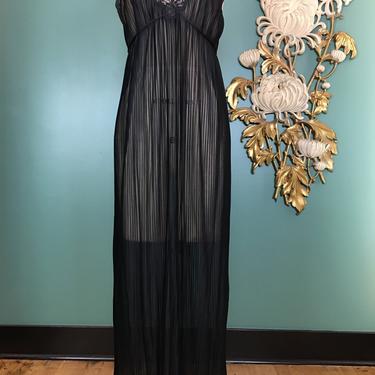 1970s nightgown, sheer black, vintage 70s nightgown, accordion pleat, see though, nylon chiffon, empire waist, sexy lingerie, small medium 