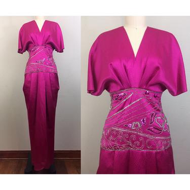 Vintage 80s Drop WAist Purple/Fucia Beaded Princess Di Look Silk Gown Dress Party Prom Evening Made in France XS/S 