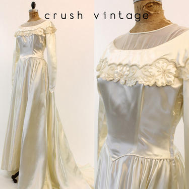 1940s liquid silk wedding dress small | 40s bridal gown with train 