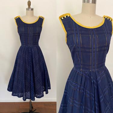 Vintage 1950s Dress 50s Cotton Fit and Flare Full Skirt Blue and Yellow 