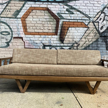 Mid century modern minimalist danish daybed sofa couch bed wood frame vintage woven upholstery tan sand with side arms 