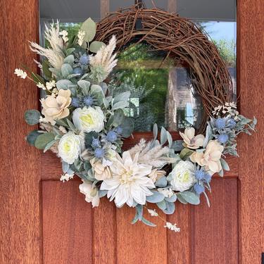 Neutral Pampas Spring Wreath with Blue Thistle, Lambs Ear Wreath and Magnolia, Sage Greens Wreath, Neutral Front Door Wreath 