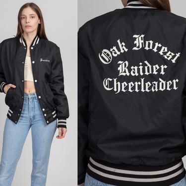 80s Raider Cheerleader Varsity Jacket - Men's Small | Vintage Black Striped Trim Snap Button Bomber Windbreaker 