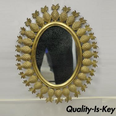 Small Vintage Hollywood Regency Brass Pineapple Sunburst Oval Wall Mirror