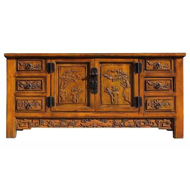Chinese Distressed Mustard Yellow Carving Motif Low TV Console Table Cabinet cs2296E 