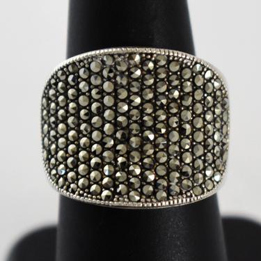 80's sterling marcasite size 7 curved shield ring, heavy VO 925 silver pyrite edgy bling geometric graduated cigar band 