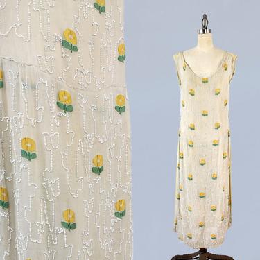 1920s Dress / 20s Cream BEADED Trellis Dress / Embroidered Daisies! 