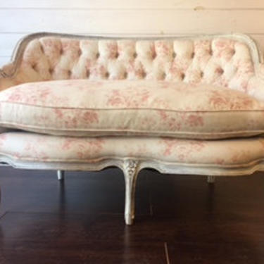 1920s French Provincial Tufted Settee/Loveseat, Toile style upholstery, Whitewashed wood trim 