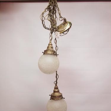 Vintage Brass Swag Light with Crackly Glass Globes