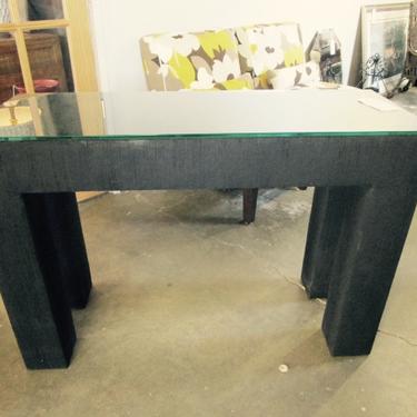 BLACK FABRIC WRAPPED CONSOLE TABLE WITH GLASS TOP
