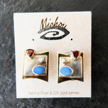 Modernist Vintage Michou Earrings New with Tags Sterling Vermeil, with Turquoise, Garnet, Pearl 