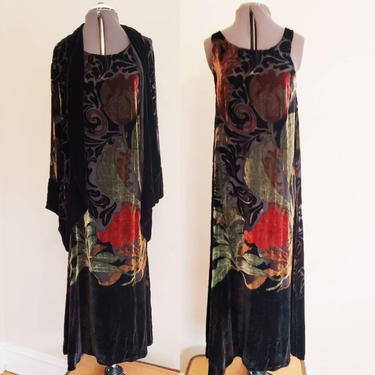 90s Does 30s Burnout Velvet Black Colorful Dress and Jacket Set / Aria A Evening Suit Floral Print / Small to Medium 