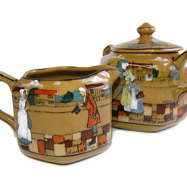 Buffalo Pottery Deldare Ware Creamer and Sugar Bowl Scenes of Village Life Antique Americana 1908 