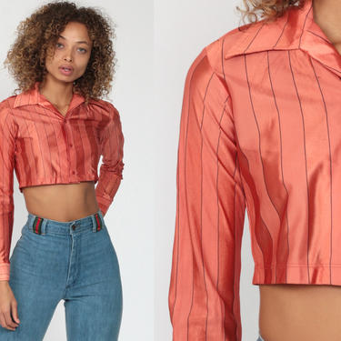 Shiny Crop Top Salmon Striped Shirt Button Up Blouse 70s Long Sleeve Top Disco Shirt Cropped Shirt Pink Collared Vintage Extra Small xs 