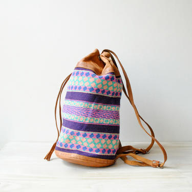 Vintage Tapestry Backpack, Vintage Bucket Bag, Guatemalan Textile Bag, Purple Backpack, Needlepoint Backpack, Hippie Backpack, Boho Backpack 