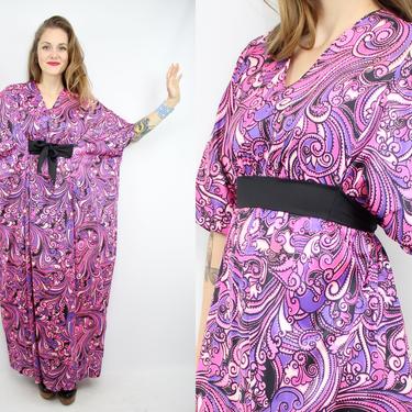 Vintage 70's Purple Swirly Caftan Dress / 1970's Caftan MUUMUU / Psychedelic / Women's Free Size Small Medium Large XL Plus Size by Ru