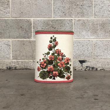 Vintage Wastebasket Retro 1960s Pink Floral Print Metal Waste Basket + Waste Bin + Textured + Flowers + Mid Century Home Styling + Decor 