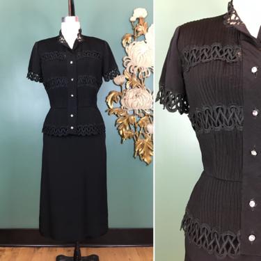 1940s dress, 2 piece set, vintage 40s suit, dress and jacket, black rayon crepe, pin tucked, rhinestone buttons, peplum suit, film noir, 26 