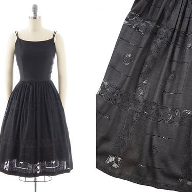 Vintage 1950s Sundress | 50s Black Lace Cotton Spaghetti Strap Full Skirt Day Dress (small) 