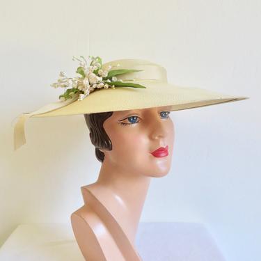 Vintage 1950's Ivory Creme Straw Wide Brim Hat Platter Lily of the Valley Flowers Spring Garden Bridal Wedding Party Christine 50's Hats 