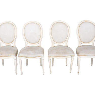 1920s Set of 4 French Louis XVI Medallion White Dining Chairs with White Upholstery 