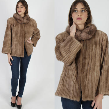 Vintage 80s SAGA Mink Coat / Real Brown Striped Fox Fur Coat / Designer Womens Winter Corded Hook Closure Satin Lined Pockets Jacket 
