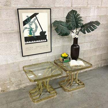 Vintage Gold Metal and Glass End Tables Retro 1970's Set of 2 Matching Square Coffee Tables LOCAL PICKUP ONLY 