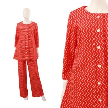 1970s Red Zig Zag Pant Suit - 1970s Womens Leisure Suit - Vintage Wide Leg Pant Suit - 70s Mini Dress - Vintage Red Mini Dress | Size Large 