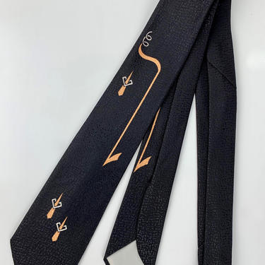 1950's Black Art Deco Tie - Simple Peach &amp; White Art Deco Pattern on a Pebbled Black Silk 