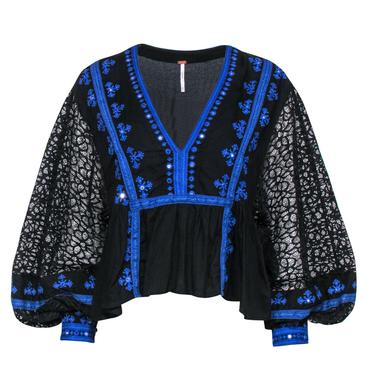 Free People - Black & Blue Lace & Embroidered Balloon Sleeve Blouse Sz XS