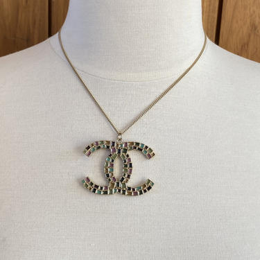 Vintage 90's CHANEL XL CC Logo Multi Color Enamel Charm Pendant Necklace Jewelry Silver Chain 