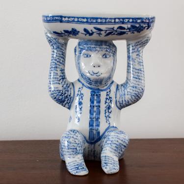 Vintage Chinoiserie Blue and White Porcelain Monkey Soap Dish / Monkey Holding a Bowl 