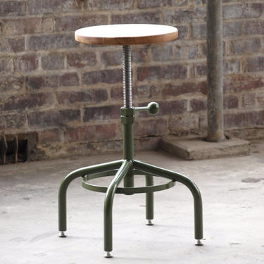 Factory Green Oak Industrial Stool Adjustable Drill Press Stool bar stools by CamposIronWorks