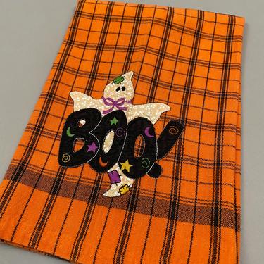 Vintage Halloween Tea Towel Boo! Ghost Orange Black Plaid 