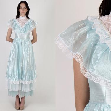 Shiny Metallic Victorian Dress / Vintage 80s Full Skirt Bridal Gown / Shimmery Fairytale Princess / White Lace Cottagecore Maxi Dress 