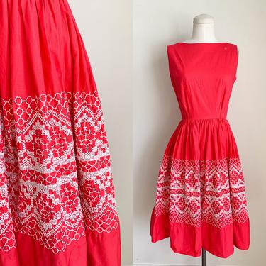 Vintage 1950s Red Embroidered Sundress / XXS-XS 