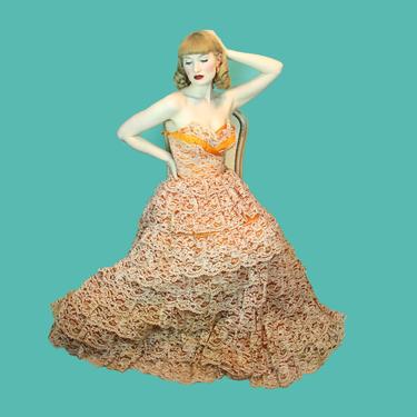 Vintage 1950's Princess Cupcake Dress Orange Multi Layer Ballgown Burlesque Chiffon &amp; Lace Tiered  Skirt Size XS 