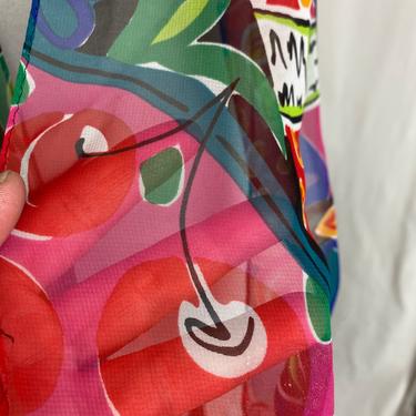Vintage 80’s 90’s sheer colorful neck scarf  long rectangular bright & cheery print Cherries neckerchief bow hair wrap 