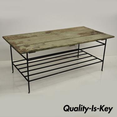 Reclaimed Wood Slat &amp; Iron Green Distress Painted Industrial Style Coffee Table