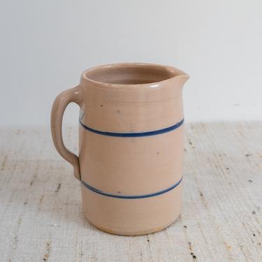 Small Vintage Salt Glazed Ceramic Pitcher With Blue Stripes 