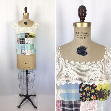 One of a kind top | Vintage inspired crochet lace and quilt top | Edwardian influenced crochet cami 50s quilt shirt 