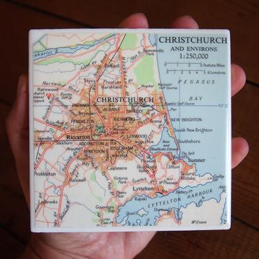 1971 Christchurch New Zealand Vintage Map Coaster - Ceramic Tile - Repurposed 1970s Times Atlas - Handmade - NZ - Aotearoa - South Island 
