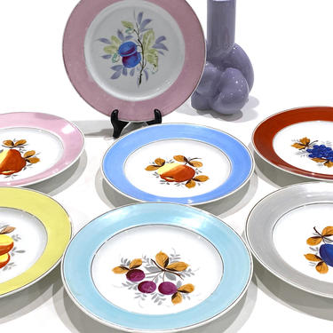7 Vintage 8 Inch Lunch Plates With Hand Painted Summer Fruits and Colorful Borders 