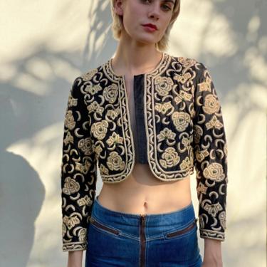 Beautiful Beaded Cropped Jacket / Stage Wear / High Fashion Designer Blazer / Black and Gold Metal Embroidered Emerald Rhinestone Top 